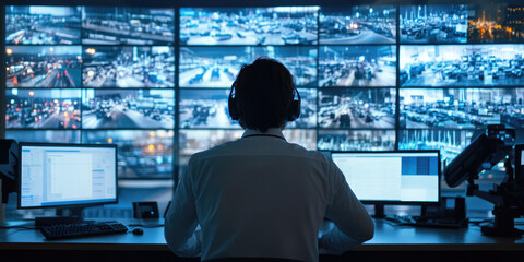 Aufkleber - A security operator works in a dark room full of computer screens displaying footage from surveillance cameras. He uses a headset and his silhouette is reflected on the screen