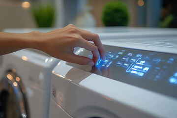 Woman selecting a laundry program on a modern washing machine, pressing a button to start the wash cycle, showcasing technology in household chores