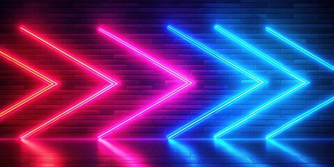 Wall Mural - Abstract neon background with glowing red, blue, and pink colors, highlighted by arrows pointing in the right direction
