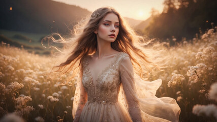 Wall Mural - A beautiful young woman in a flower field in the morning