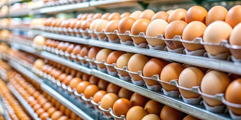 Sticker - Chicken eggs neatly displayed on a supermarket shelf , farm fresh, organic, grocery, healthy, food, protein, breakfast, cooking