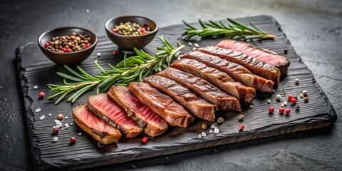 Poster - Grilled ribeye steak slices served on black slate plate, Ribeye, Steak, Grilled, Delicious, Seasonings, Slate, Plate, Food, Gourmet