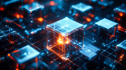 Poster - Interconnected transparent cubes in an abstract technology composition