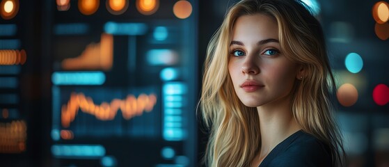 Poster - Portrait of a blonde Caucasian woman data analyst in information technology, with data flow visualizations around her, professional business setting, ample copy space