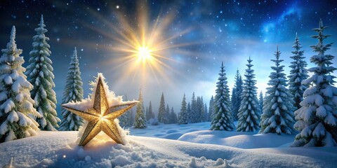 Sticker - Christmas Star shining over snow-covered pine trees, Christmas, star, pine trees, snow, winter, holiday, festive, landscape