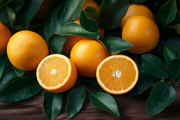 Sticker - fresh orange fruits with leaves