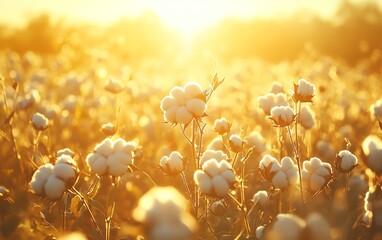 Scenic view of a cotton field bathed in sunlight, capturing the beauty of the cotton plants and the warm glow of the sun