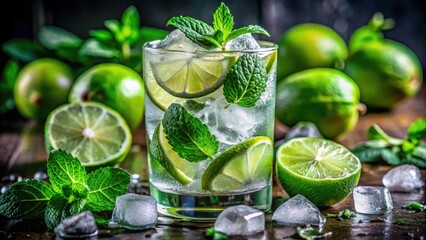 Wall Mural - Close up of a refreshing glass of mojito with mint leaves, lime slices, and ice cubes , Mojito, cocktail, drink