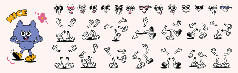 set of 70s groovy comic faces vector. collection of cartoon character faces, leg, hand in different 