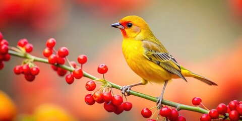 Wall Mural - Vibrant yellow bird with red crest perched on branch with red berries, bird, yellow, red crest, vibrant, branch, berries