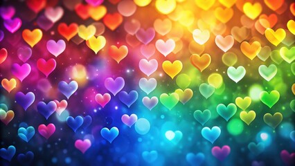 Wall Mural - Rainbow colored hearts and glittering bokeh background, love, romance, abstract, vibrant, festive, celebration