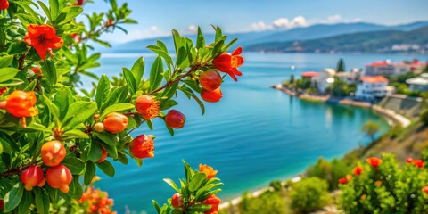 Poster - Pomegranate flowers blooming on the Olympic Riviera in Greece, pomegranate, flowers, blooming, Greek, nature, Mediterranean