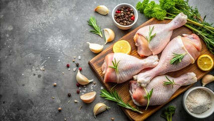 Canvas Print - Fresh raw chicken legs with herbs, lemon, garlic, and spices for cooking, chicken, raw, legs, herbs, lemon, garlic, spices