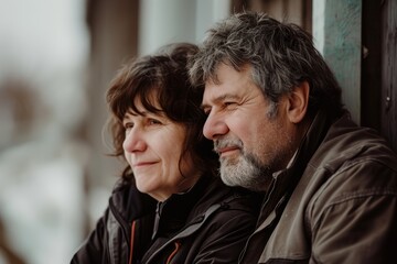 Poster - Portrait of a happy senior couple looking at each other outdoors.