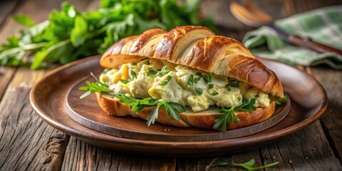 Wall Mural - Gourmet egg salad croissant sandwich with fresh herbs on a rustic plate, gourmet, egg salad, croissant, sandwich