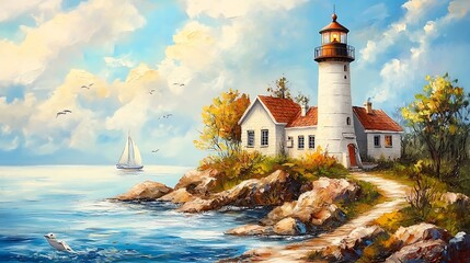 Wall Mural - Oil Painting of a Lighthouse on a Rocky Coastline.