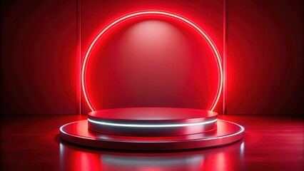 Poster - Red circular podium with glowing neon light for product display, red, circular, podium, glowing, neon, light