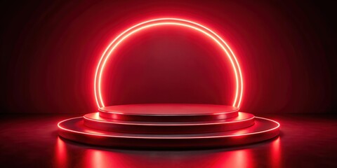 Poster - Red neon light illuminates a futuristic circular podium, neon, light, futuristic, circular, podium, tech, modern, glow, stage