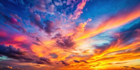 Sticker - Vibrant sky with pink, yellow, and orange clouds on a blue backdrop, Beautiful, sky, replacement, background, pink, yellow