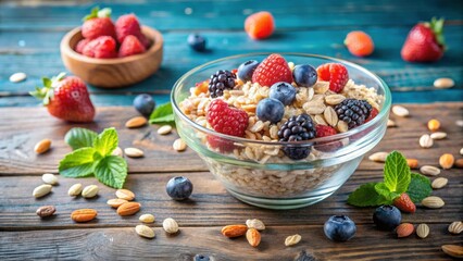 Poster - Glass bowl filled with oatmeal, assorted berries, and crushed nuts healthy and balanced breakfast option, oatmeal, berries