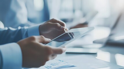 Poster - Close-up of a Person's Hands Holding a Tablet with a Blurred Background of Office Documents