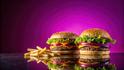 Poster - Delicious burgers and fries on a gradient purple-pink background , fast food, burgers, fries, junk food, meal