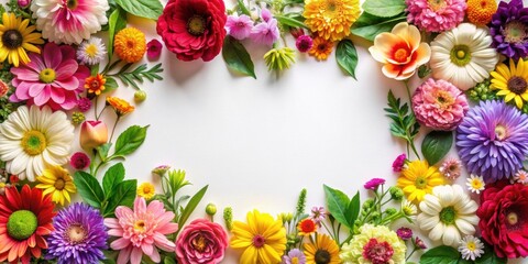 Canvas Print - Floral frame with colorful flowers and green leaves on a white background, floral, frame, colorful, flowers, green, leaves