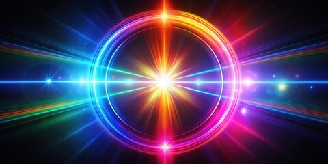 Wall Mural - Abstract colorful neon light with lens flare effect on black background, neon, light, lens flare, abstract, colorful, pink