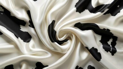 A white and black cow print silk or satin fabric is shown in a spiral. Western aesthetics design, Animal print fashion.