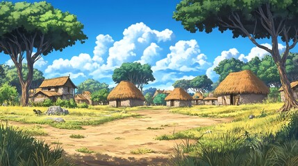 Wall Mural - A Quaint Village Nestled Among Lush Greenery and a Blue Sky.