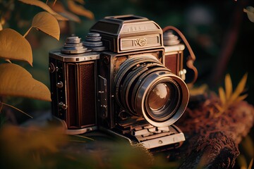 A Beautiful Vintage Camera Elegantly Surrounded by Lush Nature and Scenic Landscapes All Around