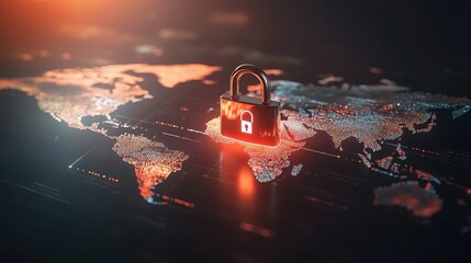 Poster - Digital padlock hovering over a world map, symbolizing global cybersecurity. Room for text.