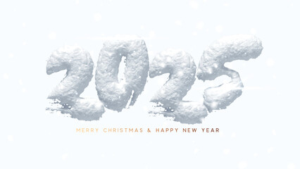 Poster - Happy New year 2025 numbers made from snow texture realistic 3d design. vector illustration