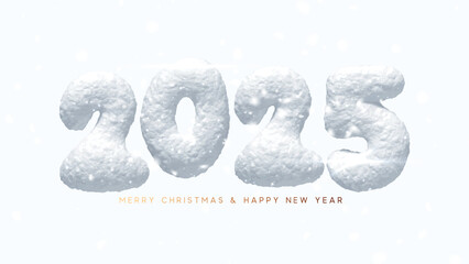 Poster - Happy New year 2025 numbers made from snow texture realistic 3d design. vector illustration