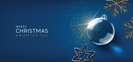 Wall Mural - merry christmas and happy new year background. christmas realistic 3d transparent ornament, glass st