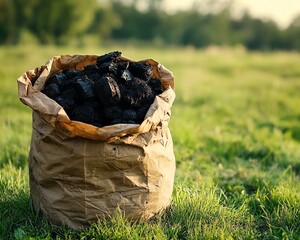 Large heavy paper bag filled with biochar on a grassy field, symbolizing ecofriendly packaging and sustainable agriculture, highresolution and detailed