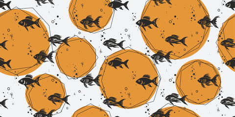 Poster - Abstract background with silhouettes of stylish fish. Endless pattern with original fish.