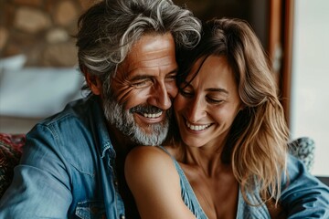 Poster - Couple in love at home. Happy middle-aged man and woman in love.