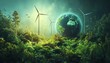 © Thanaseth - Highquality image of wind turbines with the Earth and surrounding greenery, symbolizing commitment to renewable energy and environmental sustainability
