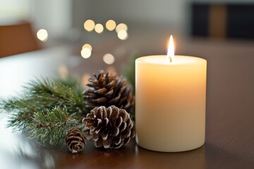 Wall Mural - A warm candle sits on a wooden table surrounded by frosted pinecones and greenery, creating a cozy, festive atmosphere with soft, ambient lighting in the background.