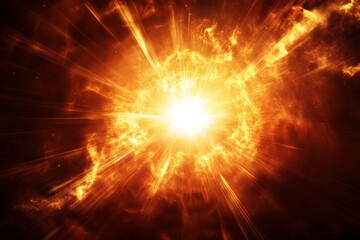 Poster - A powerful and intense explosion radiates light and energy through the dark space, capturing the motion and chaos of a fiery blast amidst swirling fiery clouds.