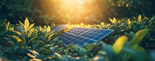 Solar panels surrounded by lush plants with Earth in the background, symbolizing the connection between clean energy and environmental sustainability, highquality