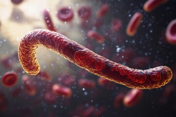 Poster - This striking image captures a close-up view of red bacteria swimming freely among red blood cells, conveying a sense of movement and microscopic vitality.