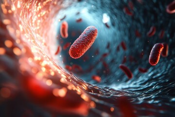 Poster - A microscopic perspective showcasing red bacteria floating within a cellular tunnel, emphasizing the vibrant color and intricate detail of the organic environment.