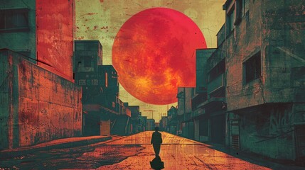 Digital art of a silhouette walking down a deserted urban street under a large red moon. Abstract immage of building structure with vibrant color and blue sky. Dystopian and surreal themes. AIG51.