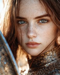 Poster - Captivating portrait of a young woman with freckles and striking blue eyes