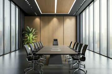 A spacious business meeting room with a sleek conference table and advanced technology, set for professional discussions.