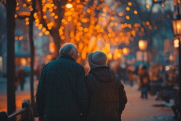 Wall Mural - Back view of elderly couple walking on the street in the evening.