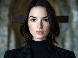 Sticker - Thoughtful woman with dark hair in black outfit