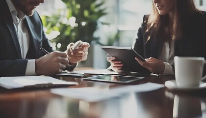Poster - A Business Meeting with a Man and Woman Working at a Wooden Table